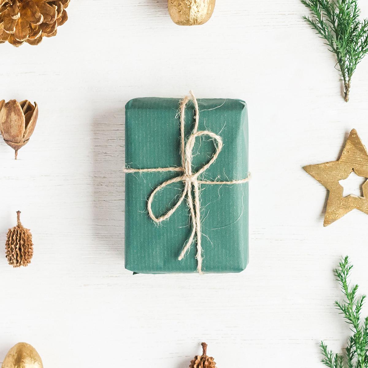 christmas gift surrounded by natural materials closeup