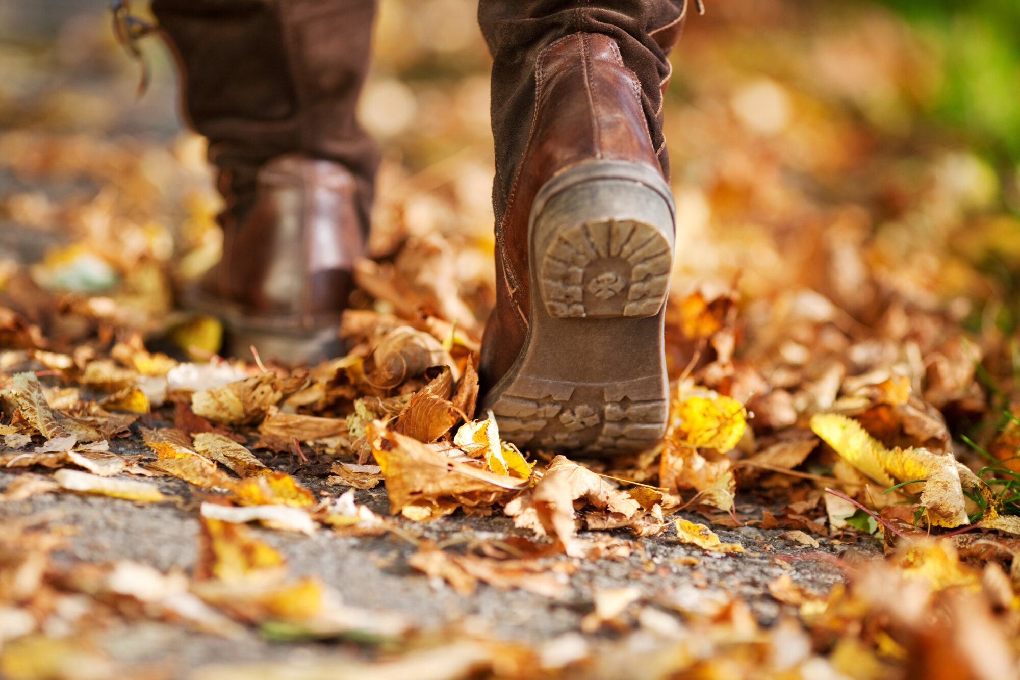 Woman,Walking,On,A,Street,Full,Of,Dead,Leaves,During